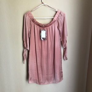 Satin off the shoulder blush dress
